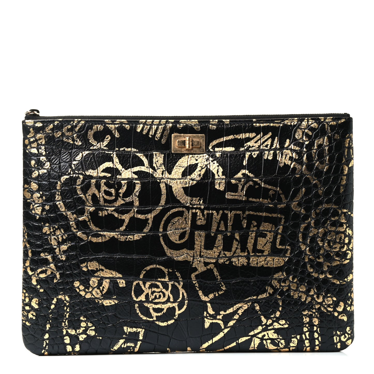 Calfskin Crocodile Embossed Graffiti 2.55 Medium Cocodile Reissue Cosmetic Case Black Gold