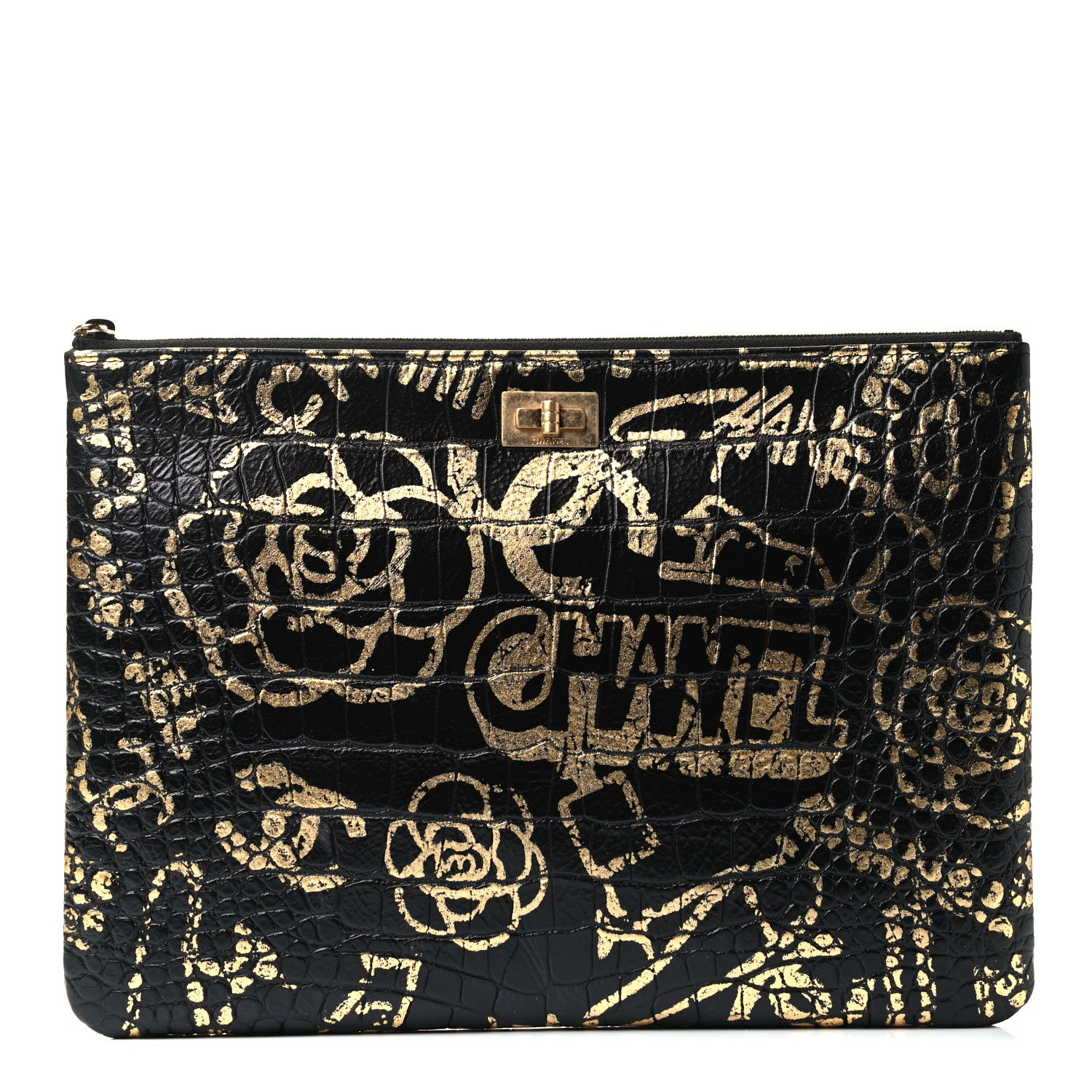Chanel Calfskin Crocodile Embossed Graffiti 2.55 Medium Cocodile Reissue Cosmetic Case Black Gold 1 of 4