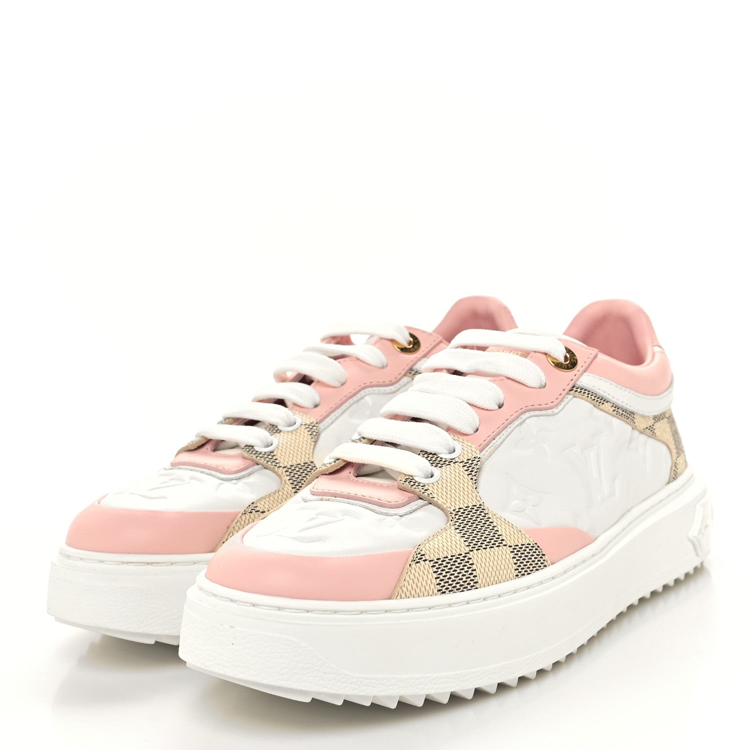 Louis Vuitton Monogram Embossed Calfskin Damier Azur Time Out Sneakers 37.5 Rose Clair Pink 3 of 8