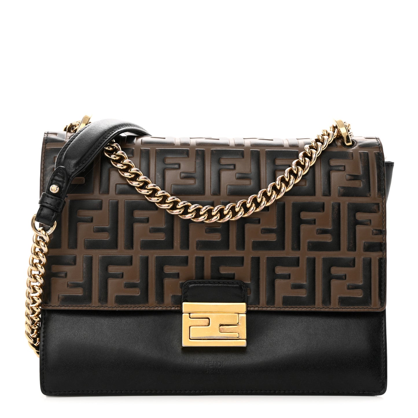 Vitello Liberty Bi-Color FF 1974 Embossed Chain Strap Kan U Shoulder Bag Black Maya