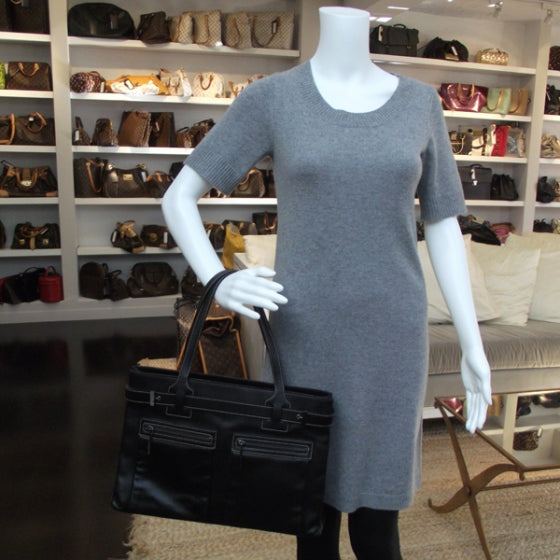 Leather Double Pocket Tote Black