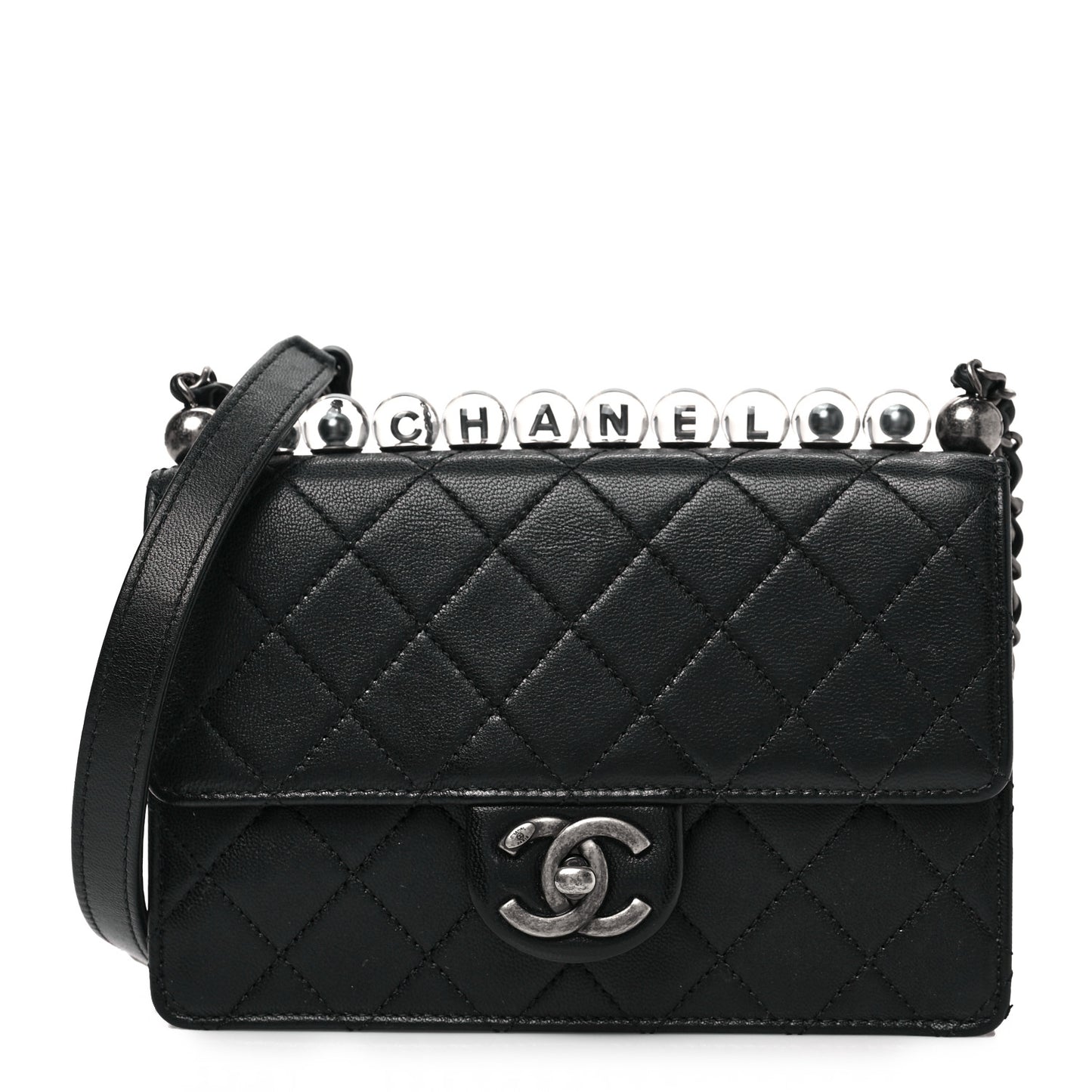 Goatskin Quilted Logo Small Chic Flap Black