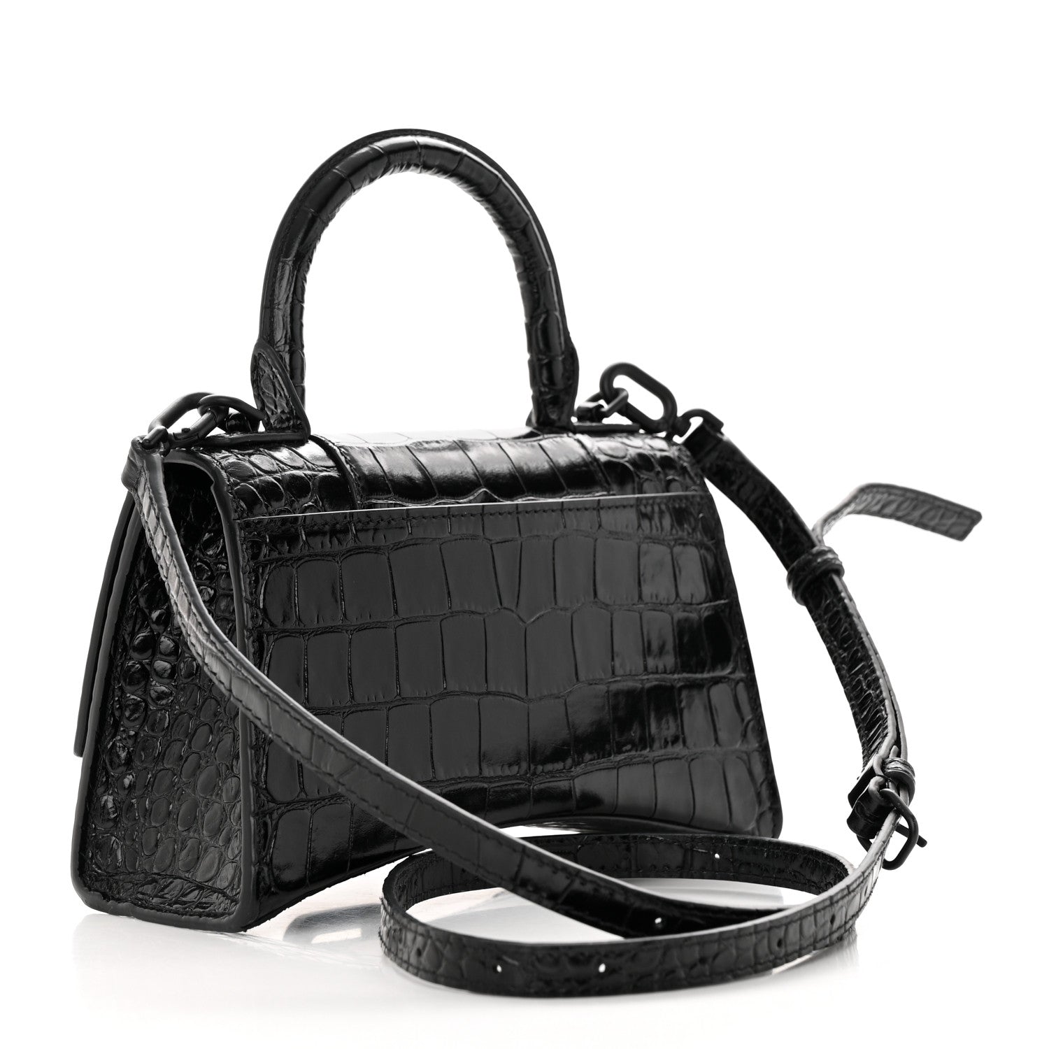 Balenciaga Shiny Calfskin Monochrome Crocodile Embossed Hourglass Top Handle Bag XS Black 3 of 17