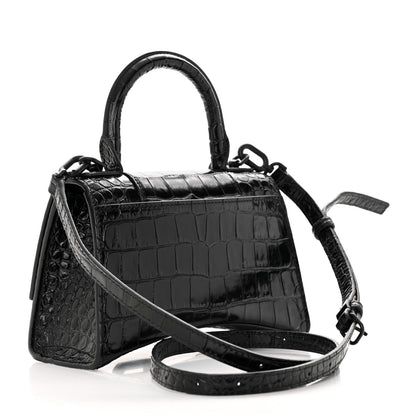 Balenciaga Shiny Calfskin Monochrome Crocodile Embossed Hourglass Top Handle Bag XS Black 3 of 17
