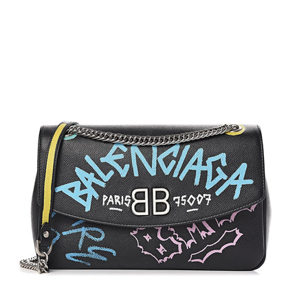 Balenciaga Grained Calfskin Graffiti M BB Round Shoulder Bag Black Multicolor 1 of 22