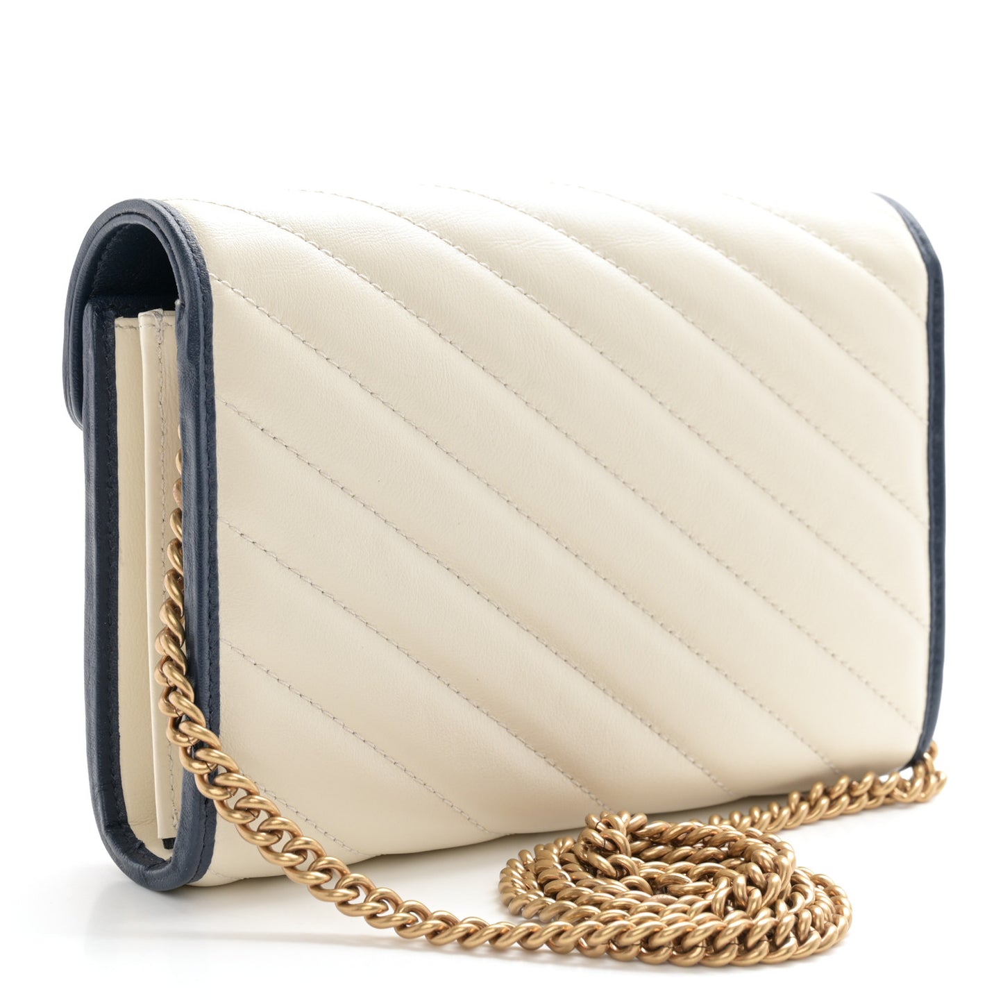 Vintage Effect Calfskin Matelasse Diagonal Torchon GG Marmont Chain Wallet Mystic White Blue Agata