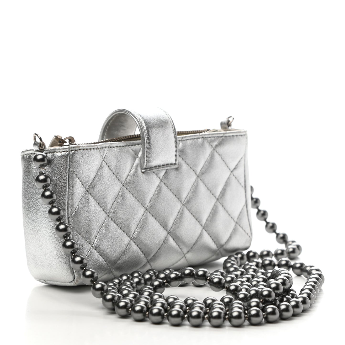 Metallic Lambskin Quilted Pearl Chain Mini Love Symbols Bag Silver