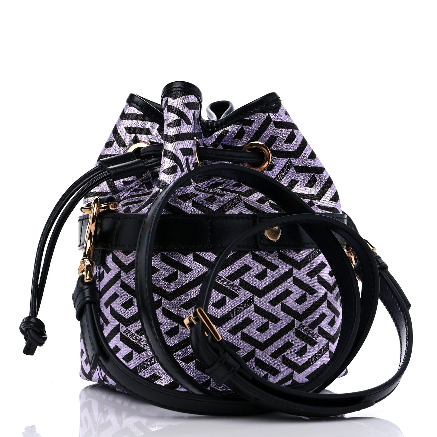 Coated Canvas La Greca Glitter Print Mini Bucket Bag Orchid Black