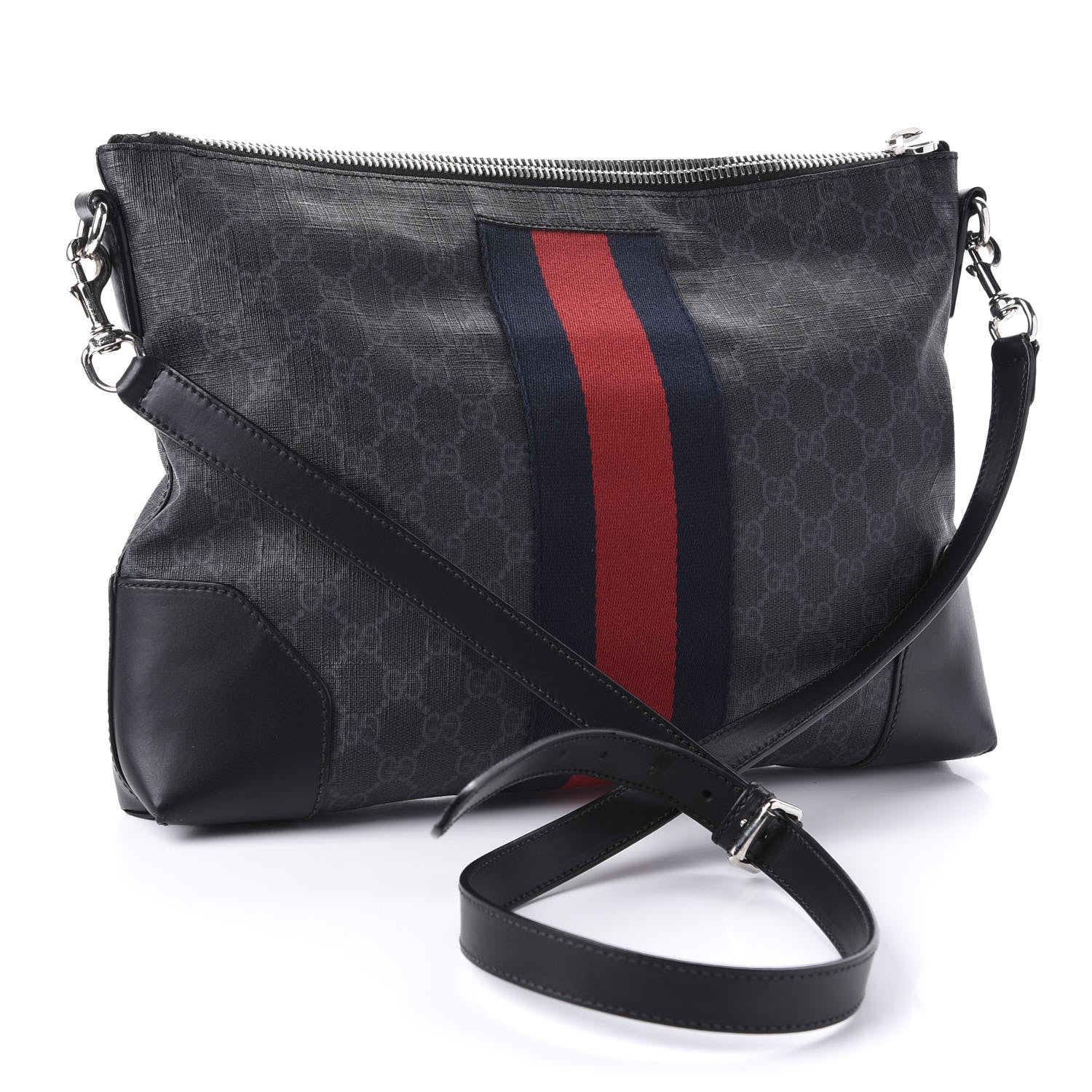 Gucci Soft GG Supreme Monogram Appia Calfskin Web East West Messenger Bag Black Grey 3 of 10