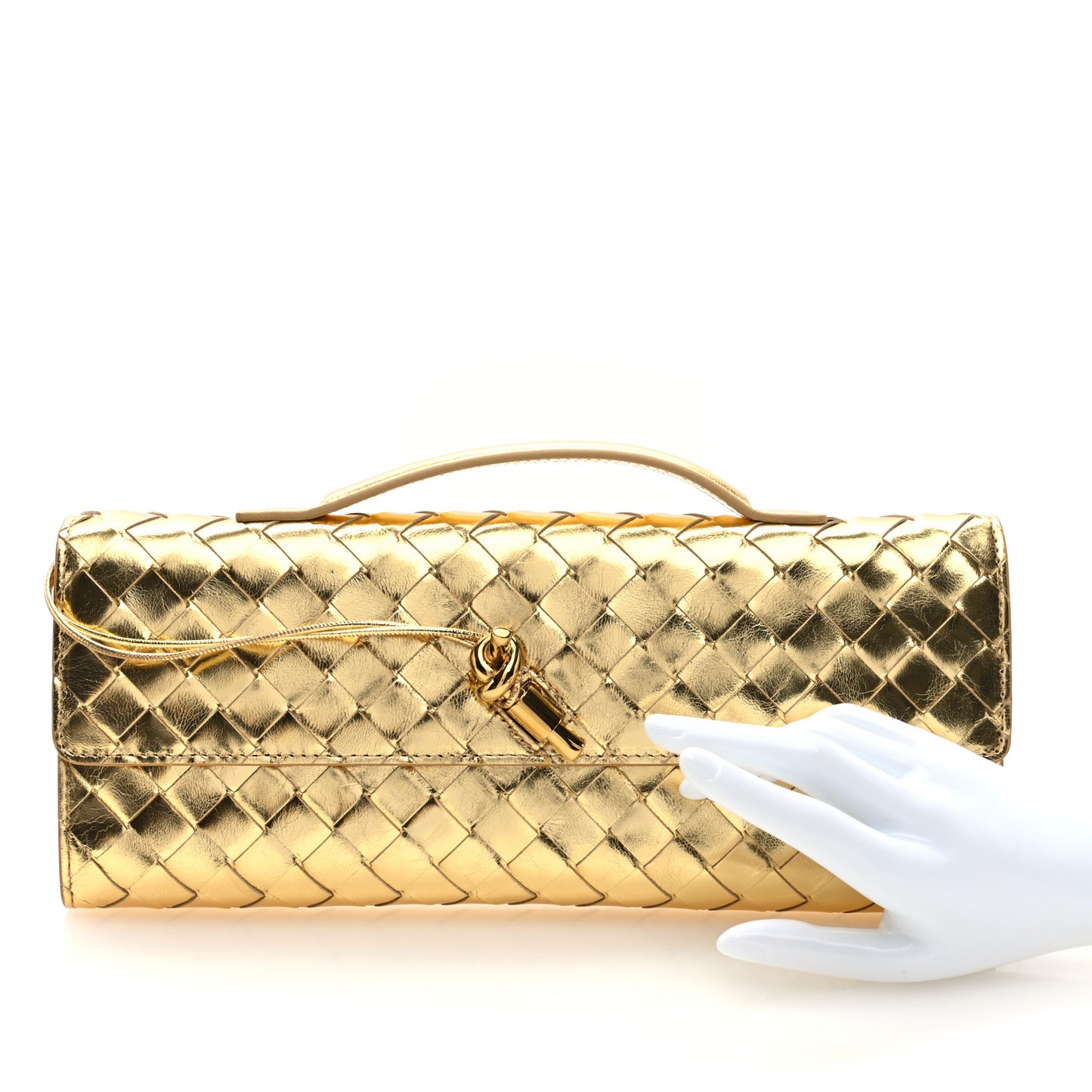 Metallic Lambskin Intrecciato Long Andiamo Top Handle Clutch Gold