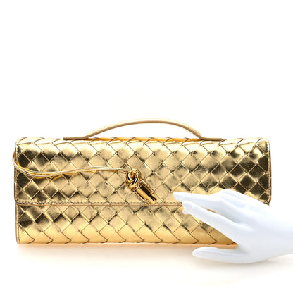 Bottega Veneta Metallic Lambskin Intrecciato Long Andiamo Top Handle Clutch Gold 2 of 6
