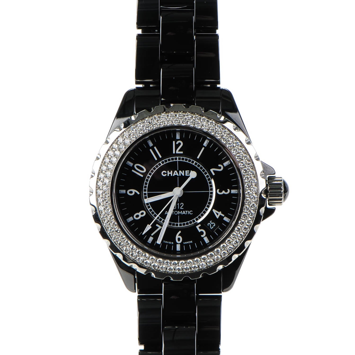 Chanel Stainless Steel Ceramic Diamond Pave Bezel 33mm J12 Quartz Watch Black 1 of 5