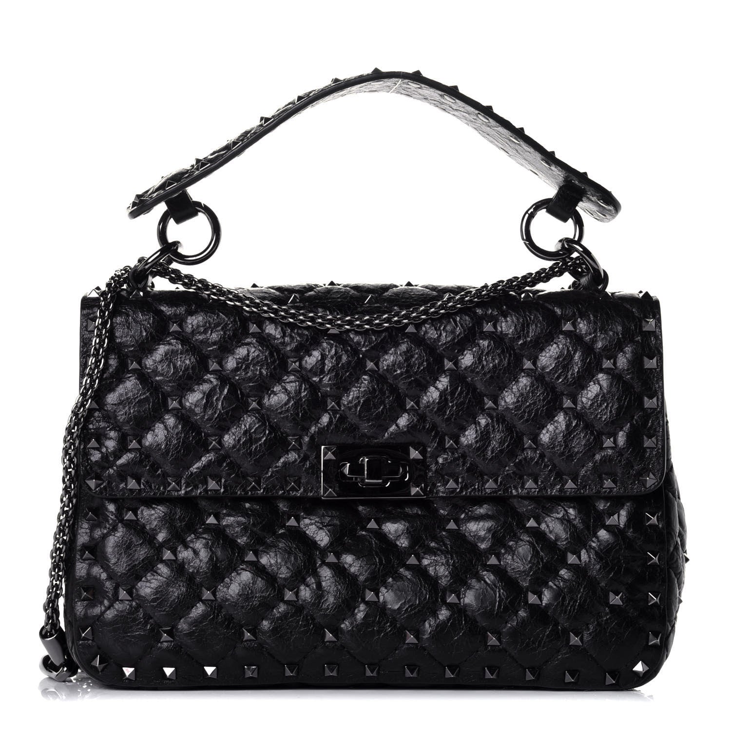 Valentino Garavani Craquele Nappa Medium Rockstud Spike Shoulder Bag Black 1 of 9