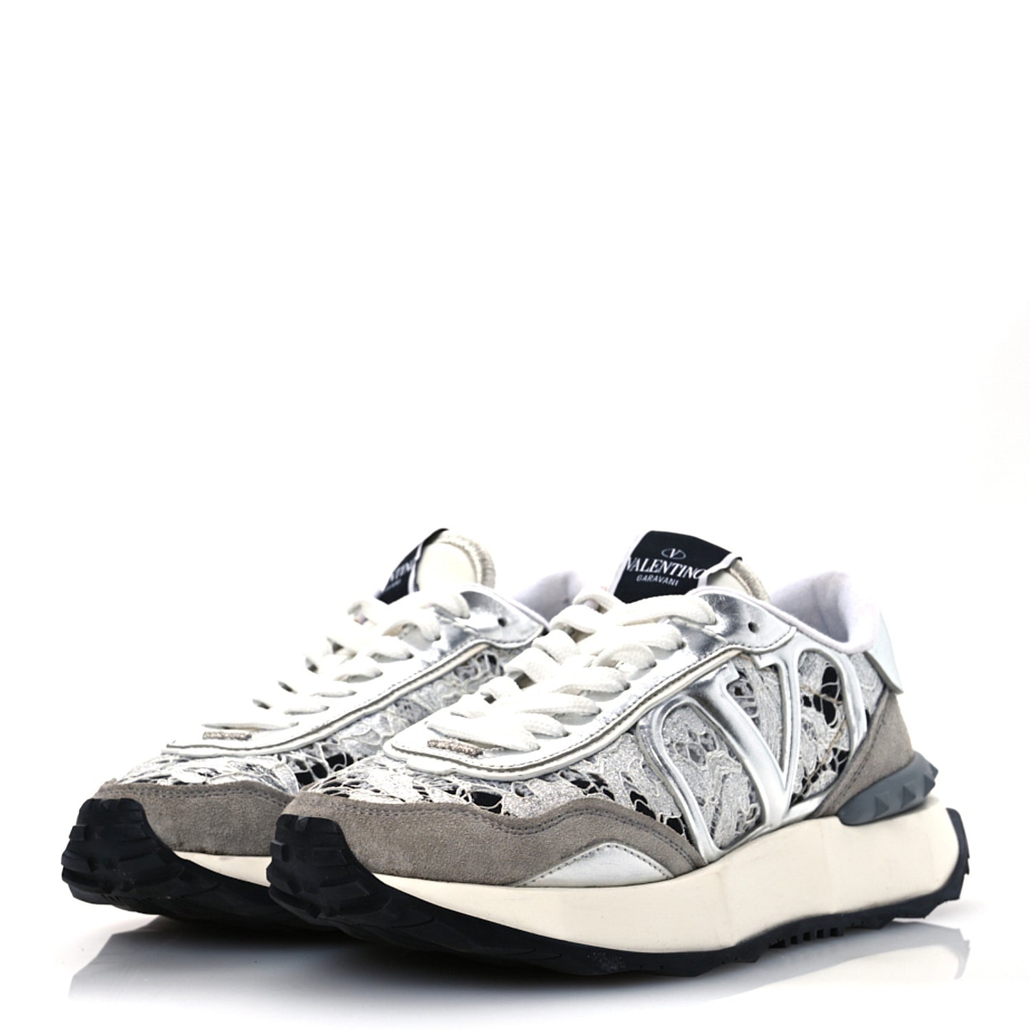 Metallic Calfskin Lace Mesh Lacerunner Sneaker 37.5 Silver Pastel Gray