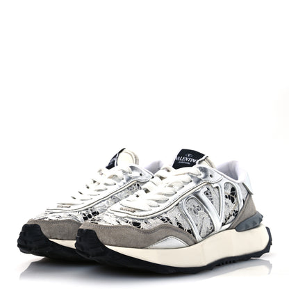 Valentino Garavani Metallic Calfskin Lace Mesh Lacerunner Sneaker 37.5 Silver Pastel Gray 4 of 15
