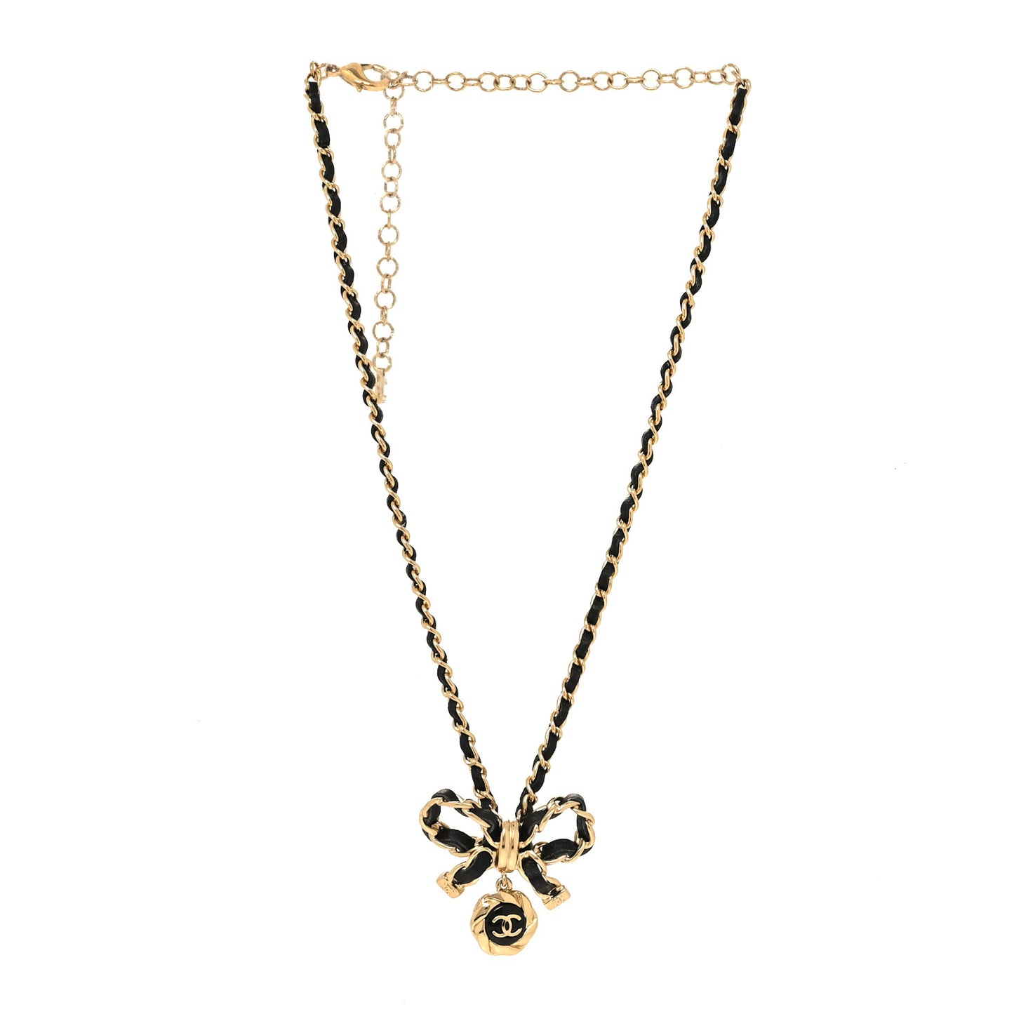 Metal Lambskin Chain CC Bow Necklace Black Gold