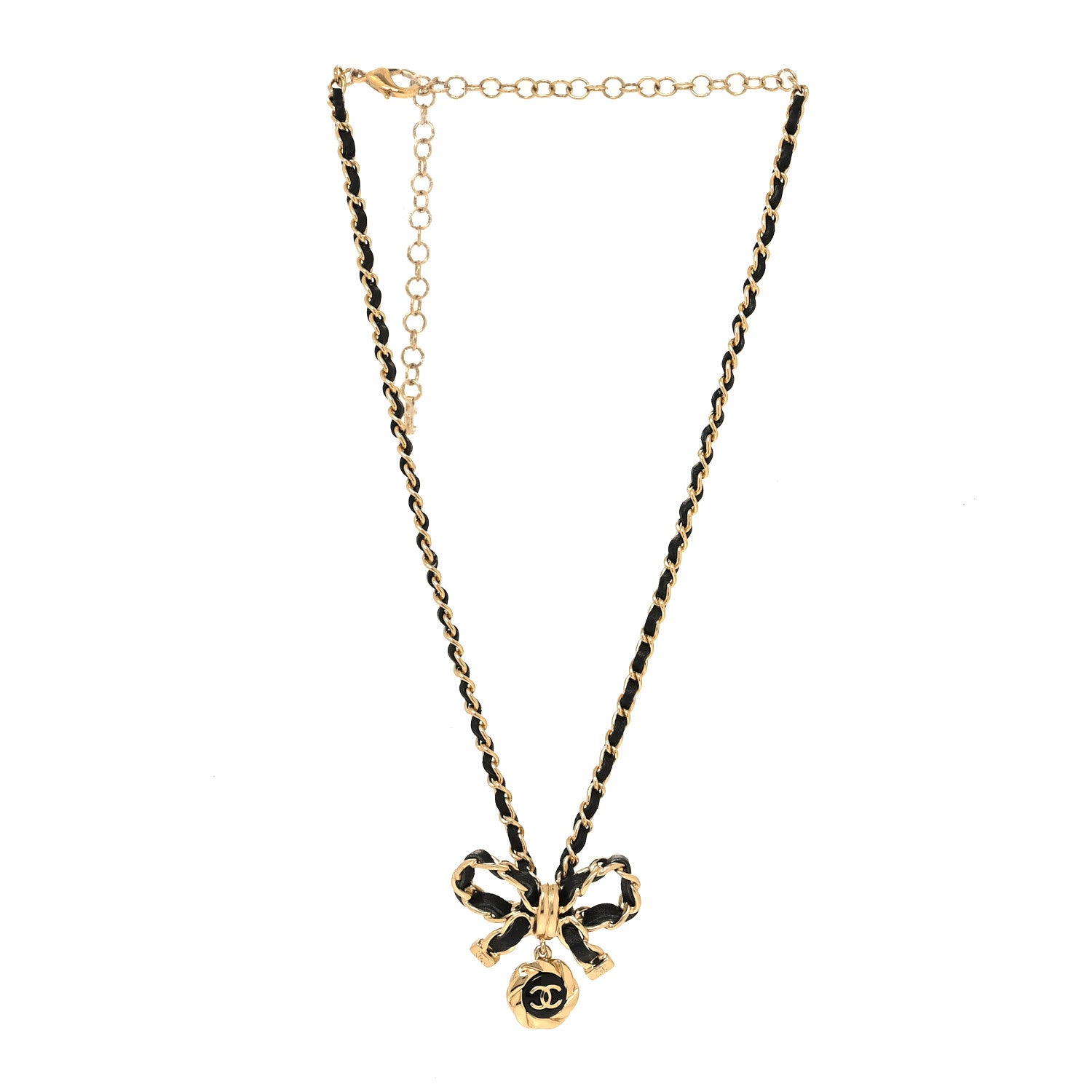 Chanel Metal Lambskin Chain CC Bow Necklace Black Gold 3 of 5