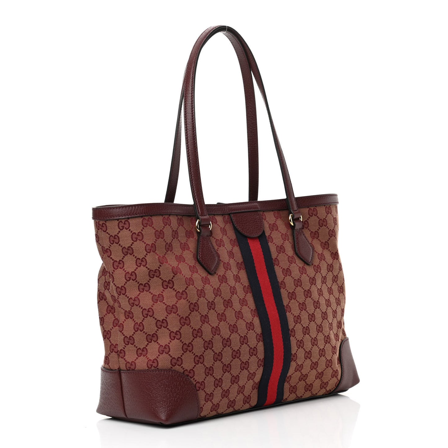 Monogram Textured Dollar Calfskin Web Medium Ophidia Shopping Tote Sahara Rubino Chardonnay