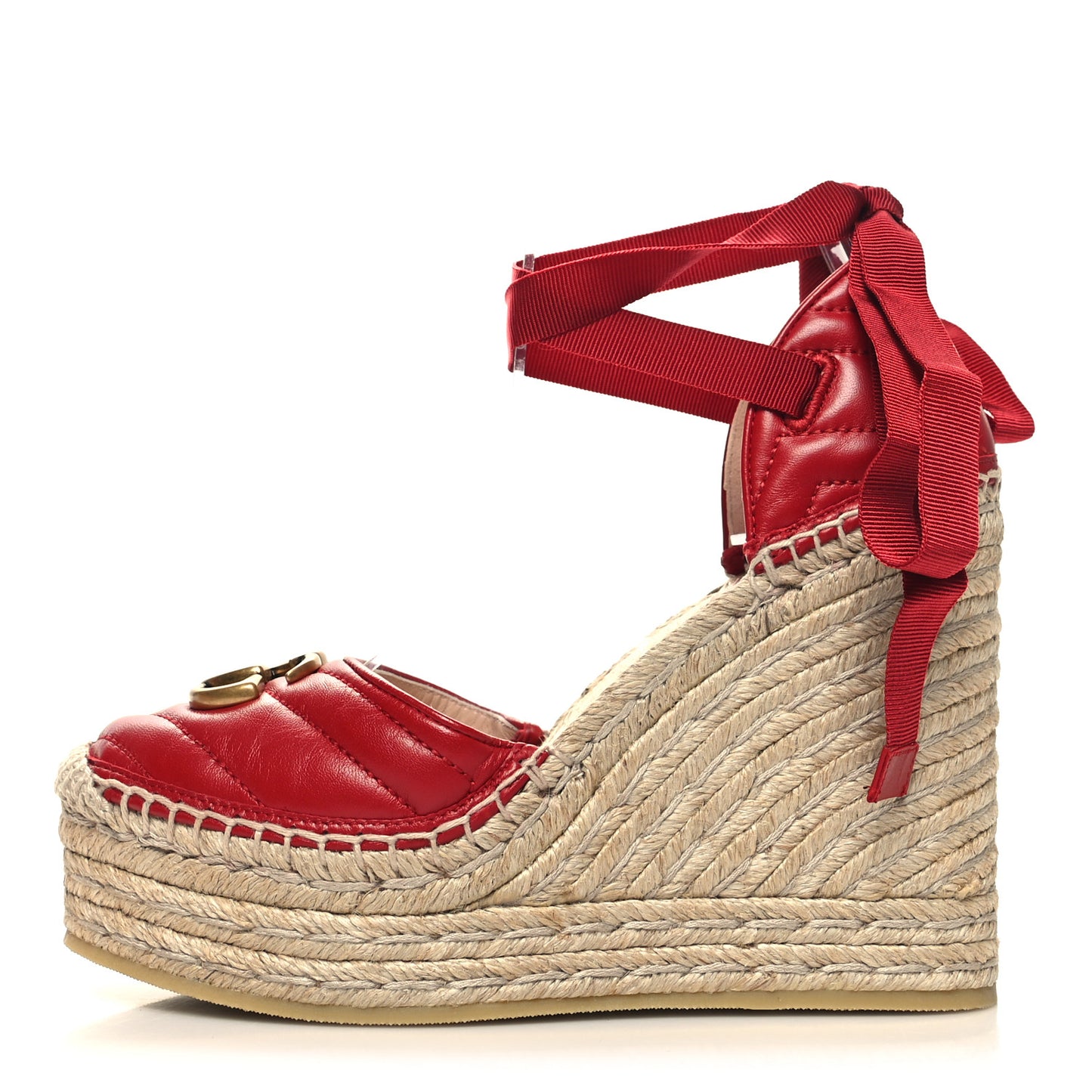 Nappa Matelasse GG Marmont Ankle Wrap Platform 35/120mm Espadrille Wedges 36.5 Hibiscus Red