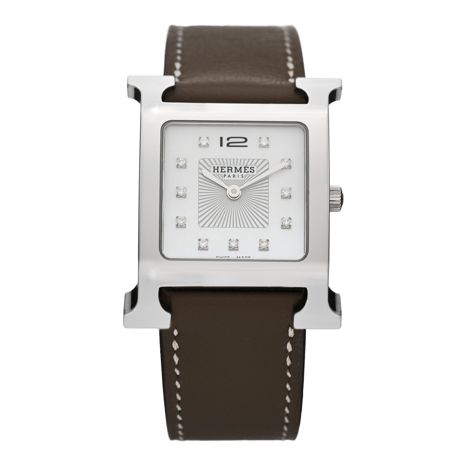 Hermes Stainless Steel Swift Diamond Mother of Pearl 26mm Heure H Hour Quartz Watch Etoupe 1 of 5