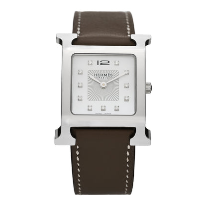 Hermes Stainless Steel Swift Diamond Mother of Pearl 26mm Heure H Hour Quartz Watch Etoupe 1 of 5