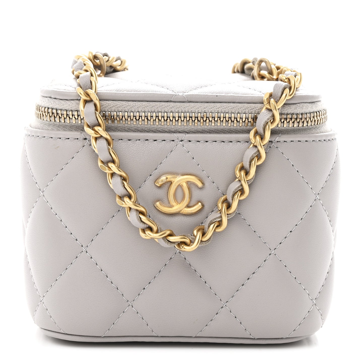 Lambskin Quilted Pearl Crush Mini Vanity Case With Chain Grey