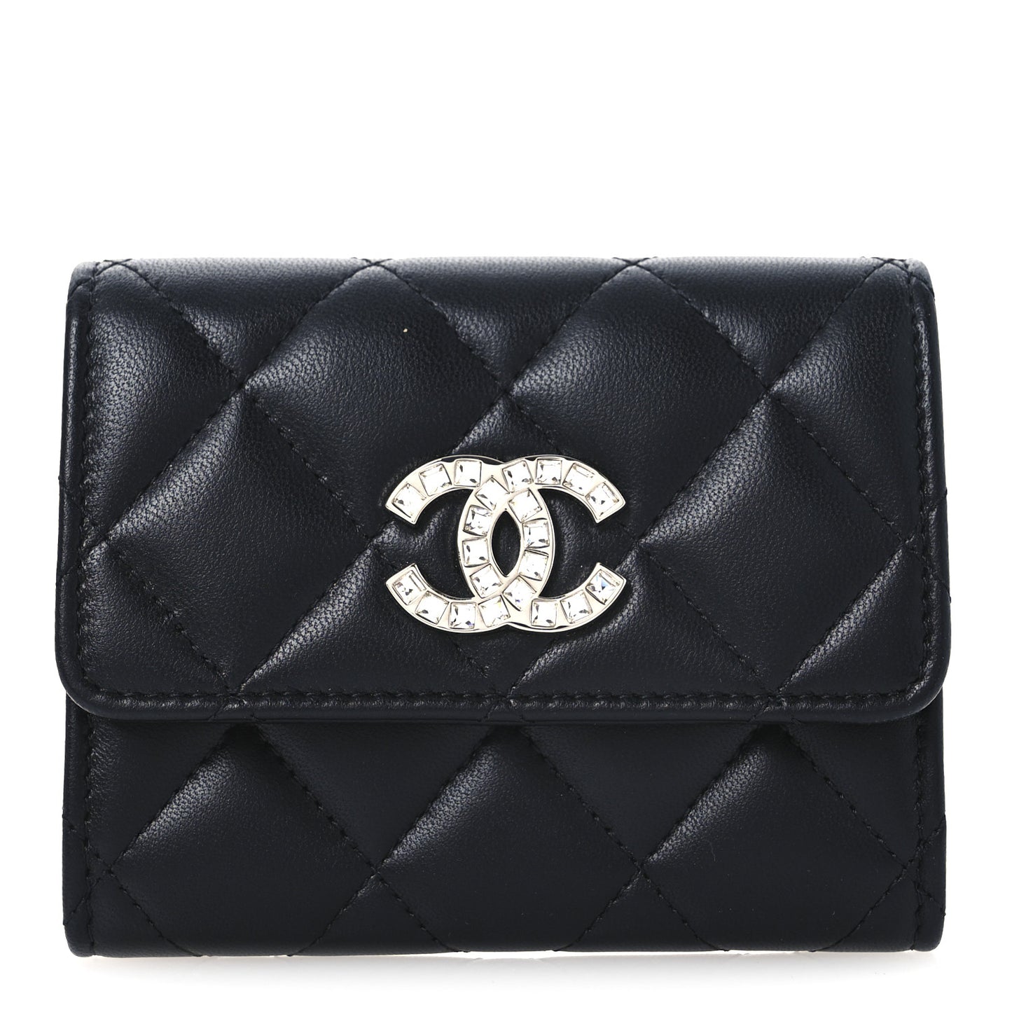 Lambskin Quilted Flap Baguette Crystal Card Holder Wallet Black