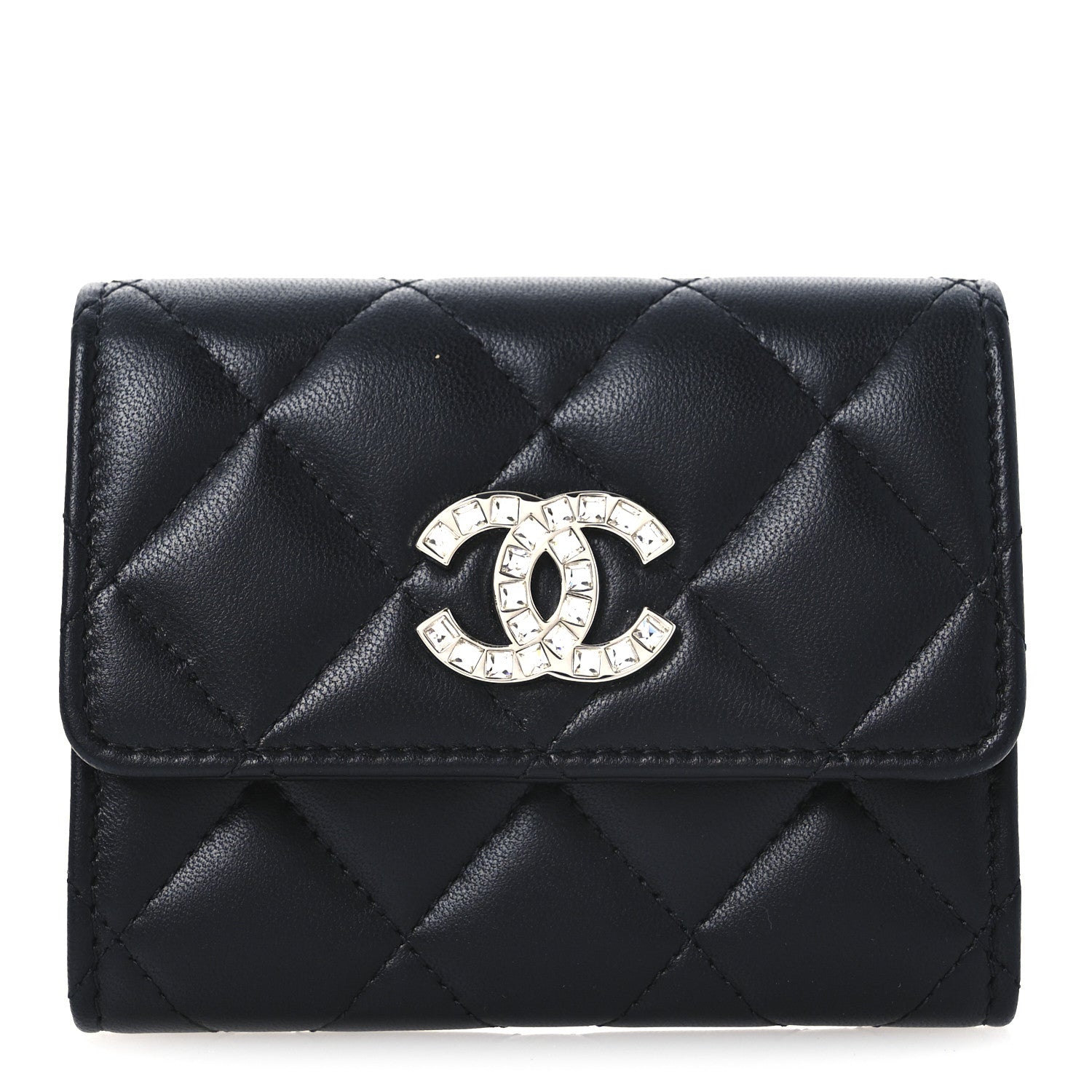 Chanel Lambskin Quilted Flap Baguette Crystal Card Holder Wallet Black 1 of 8