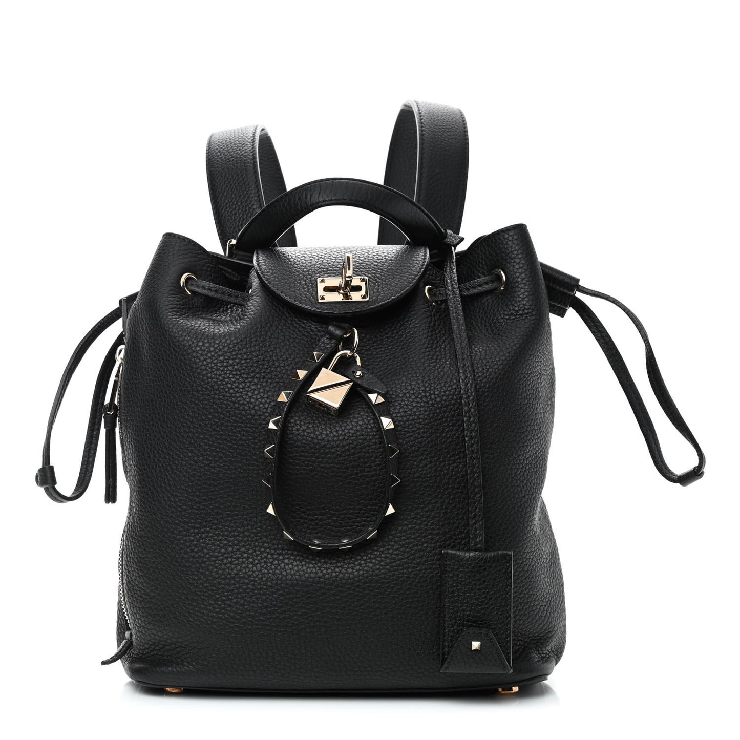Pebbled Calfskin Rockstud Drawstring Backpack Black