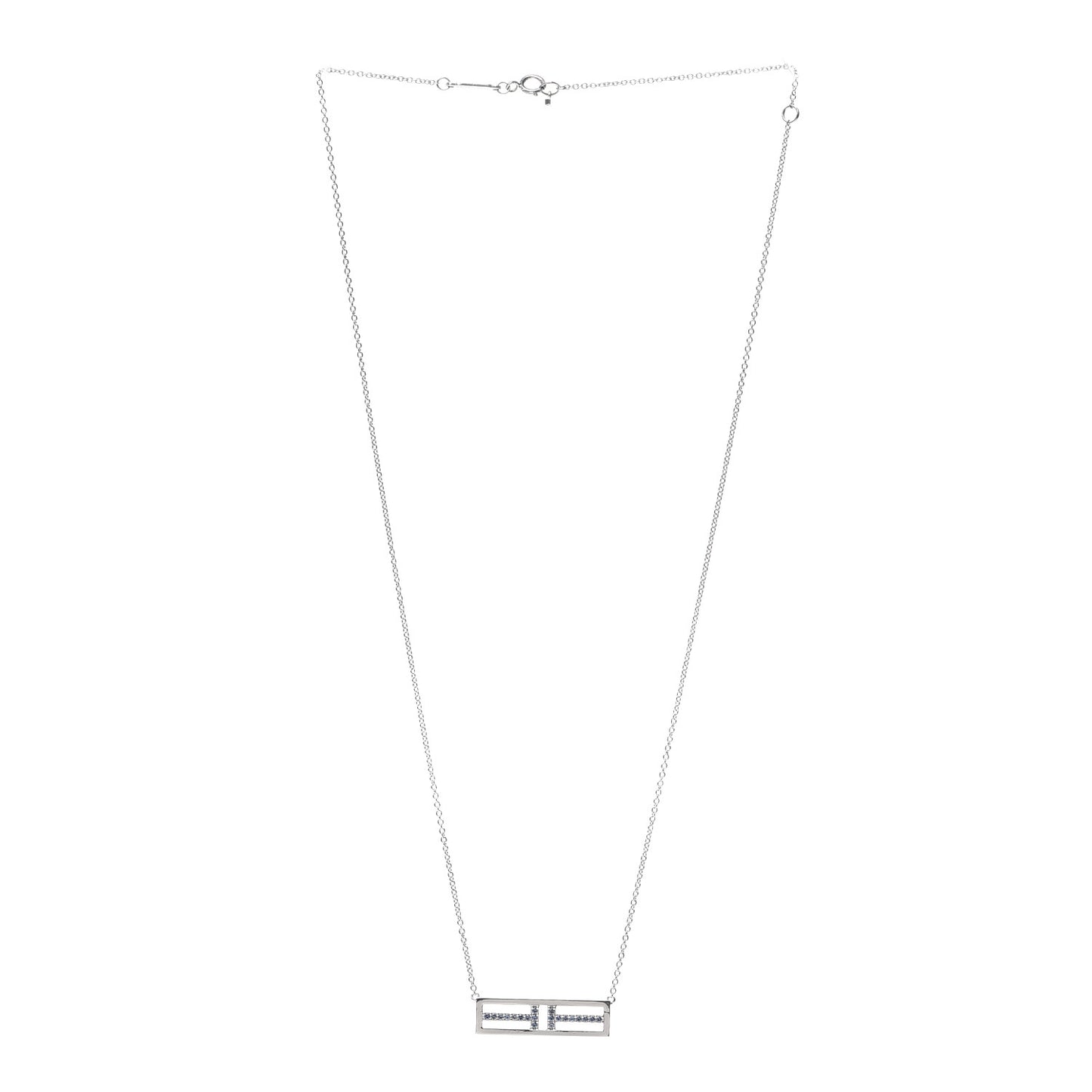 18K White Gold Blue Sapphire T Open Horizontal Bar Pendant Necklace