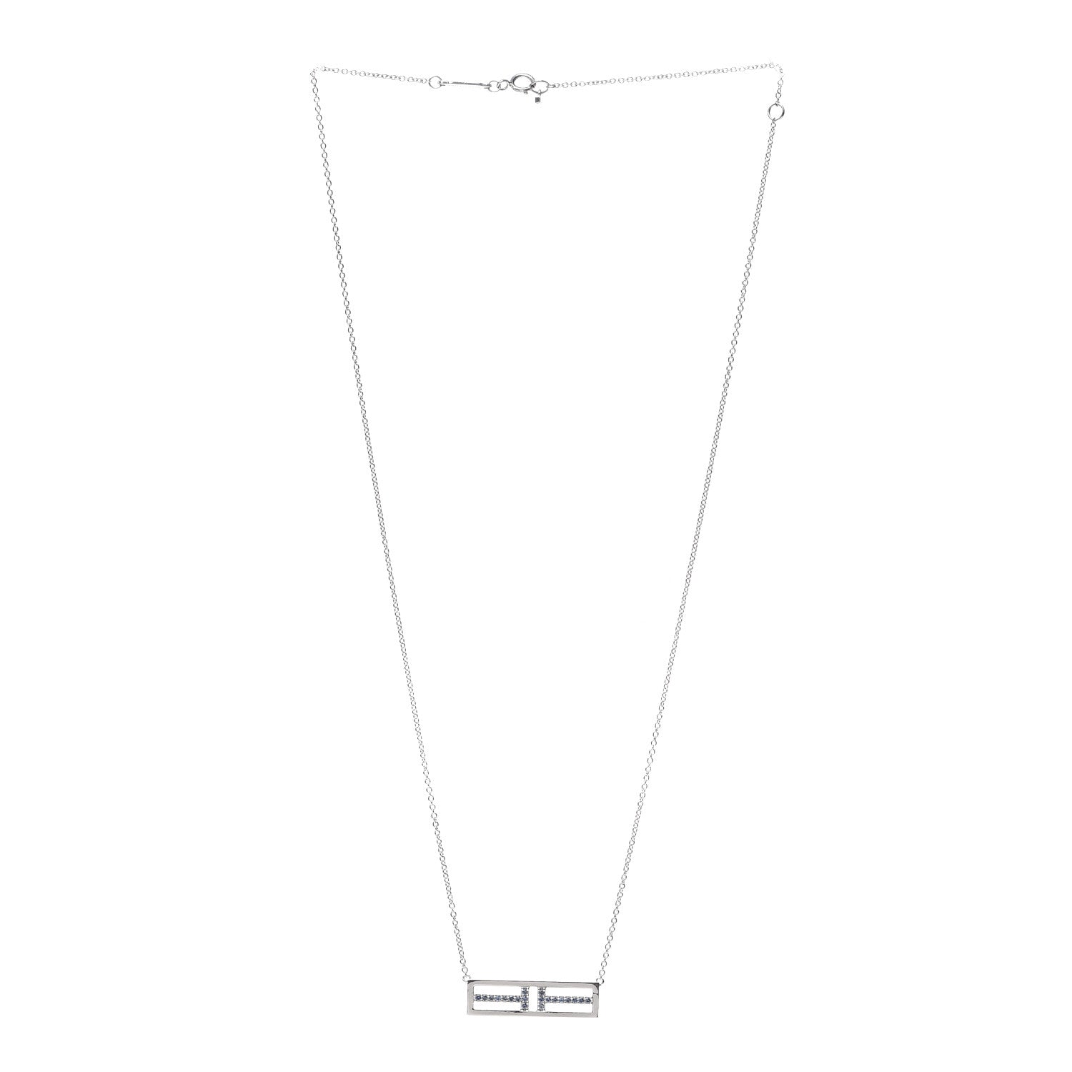 Tiffany 18K White Gold Blue Sapphire T Open Horizontal Bar Pendant Necklace 3 of 6