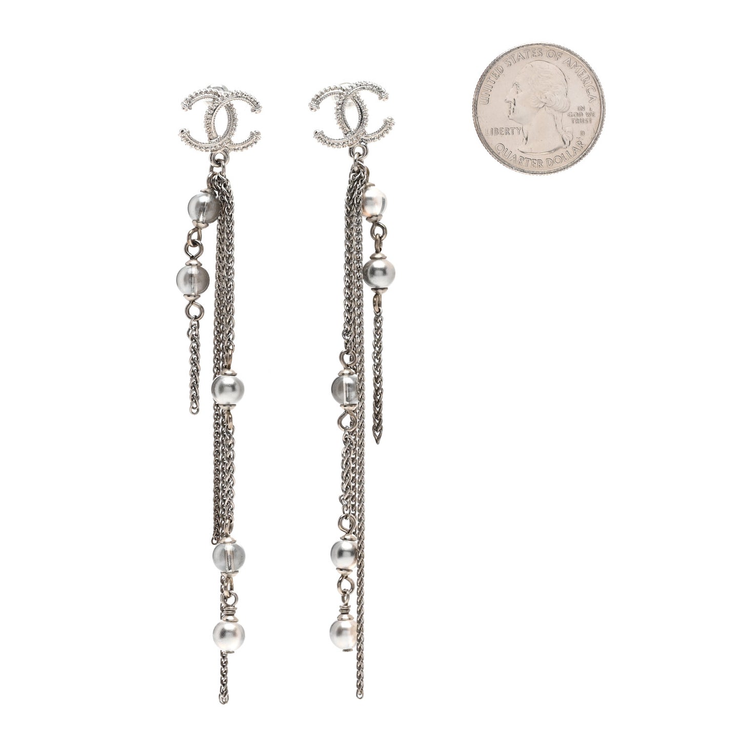 Metal Chain Pearl CC Drop Earrings Silver