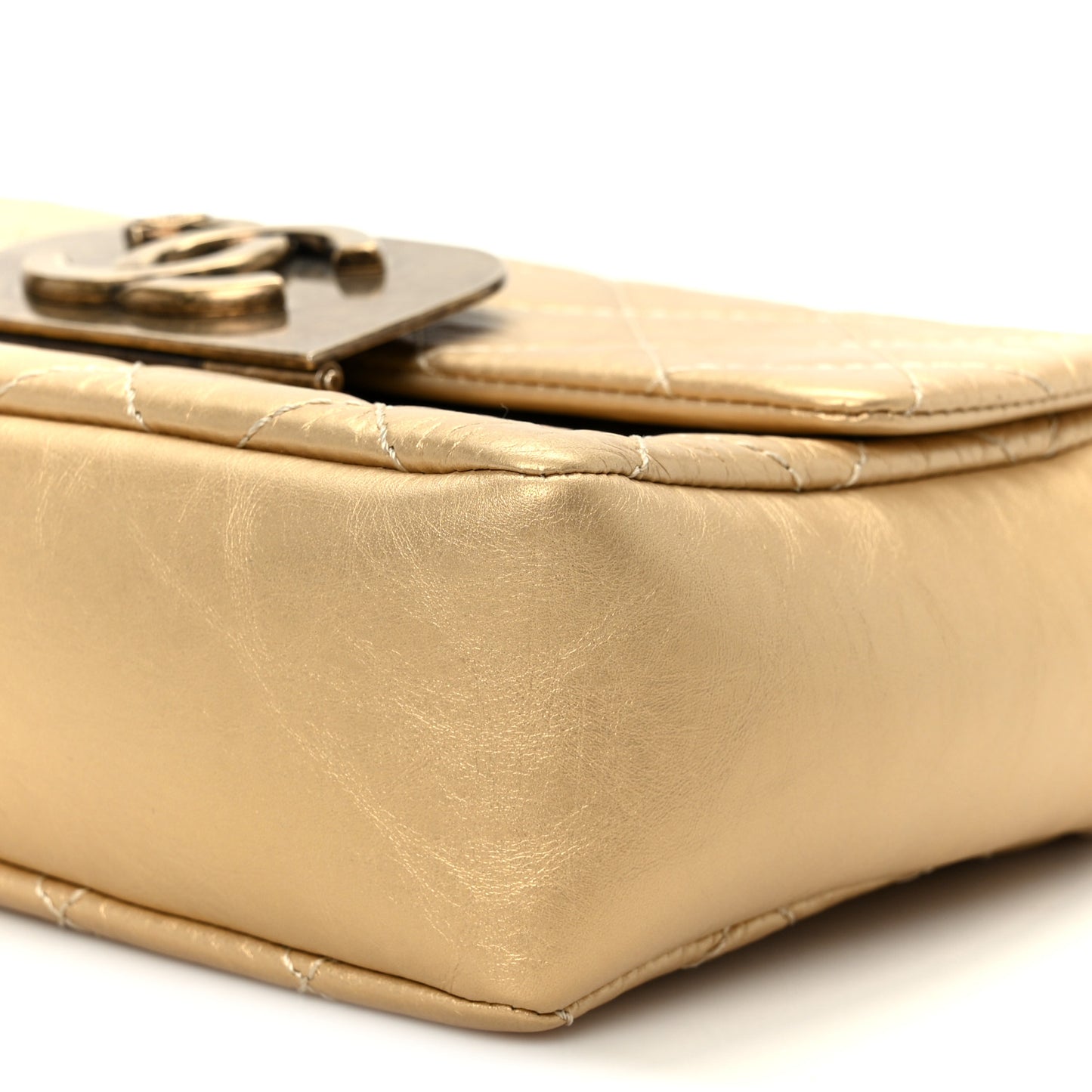 Metallic Aged Calfskin Quilted CC Square Flap Light Gold