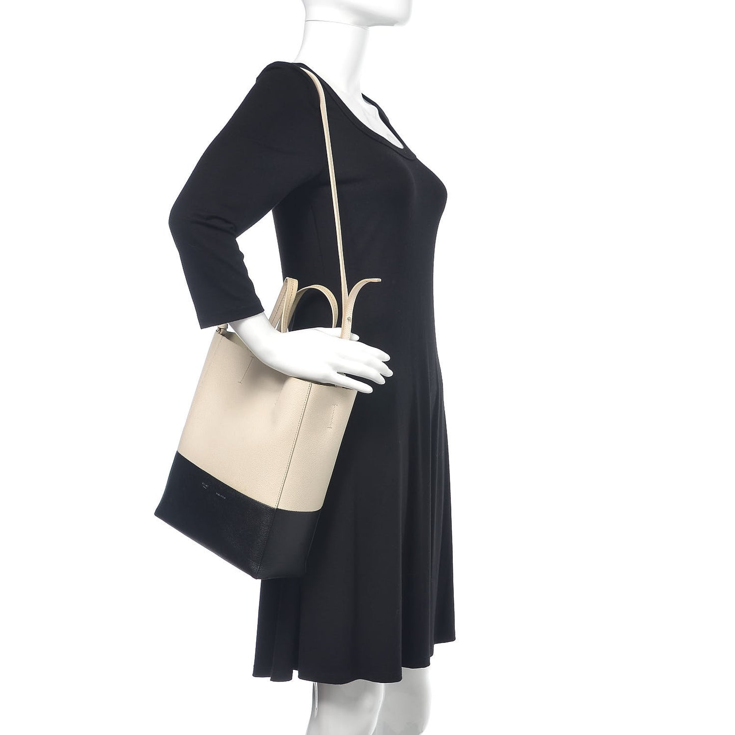 Grained Calfskin Small Vertical Bi-Cabas Cream Black