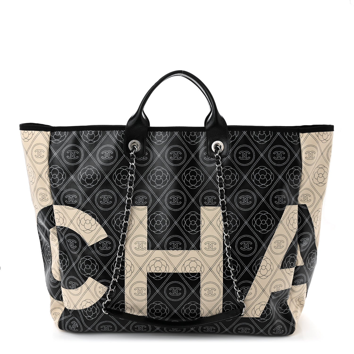 Chanel Coated Canvas Camellia Large Shopping Tote Black Beige 1 of 10