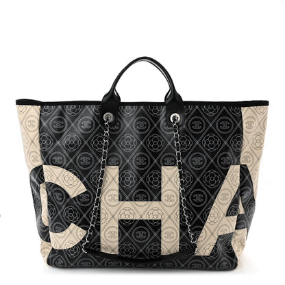 Chanel Coated Canvas Camellia Large Shopping Tote Black Beige 1 of 10
