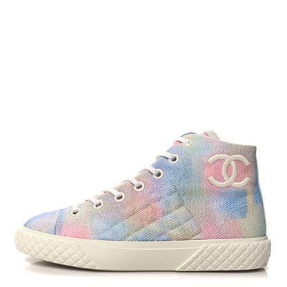 Chanel Printed Fabric Quilted High Top Sneakers 38.5 Green Pink Blue White 1 of 10