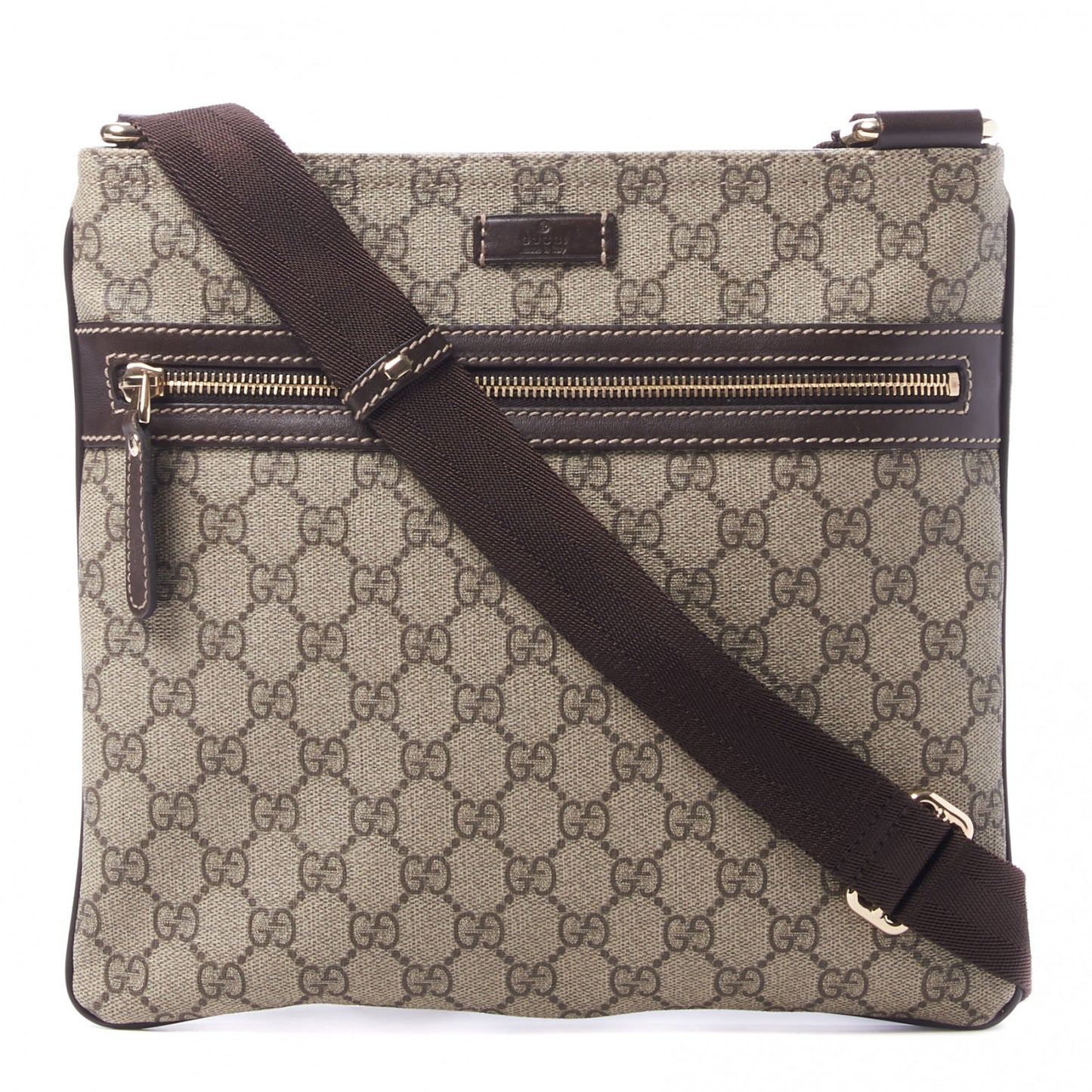 GG Supreme Monogram Selleria Calfskin Small Flat Side Zip Messenger Bag Beige Ebony Cocoa Dark Chocolate
