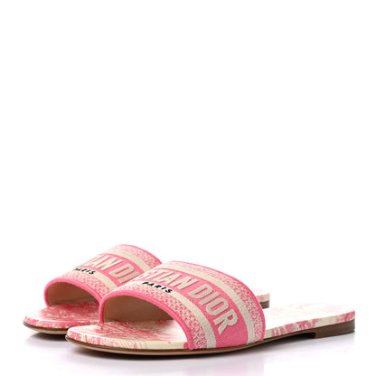 Christian Dior Canvas Toile de Jouy Embroidered Dway Flat Slide Sandals 37 Off White Pink 3 of 9