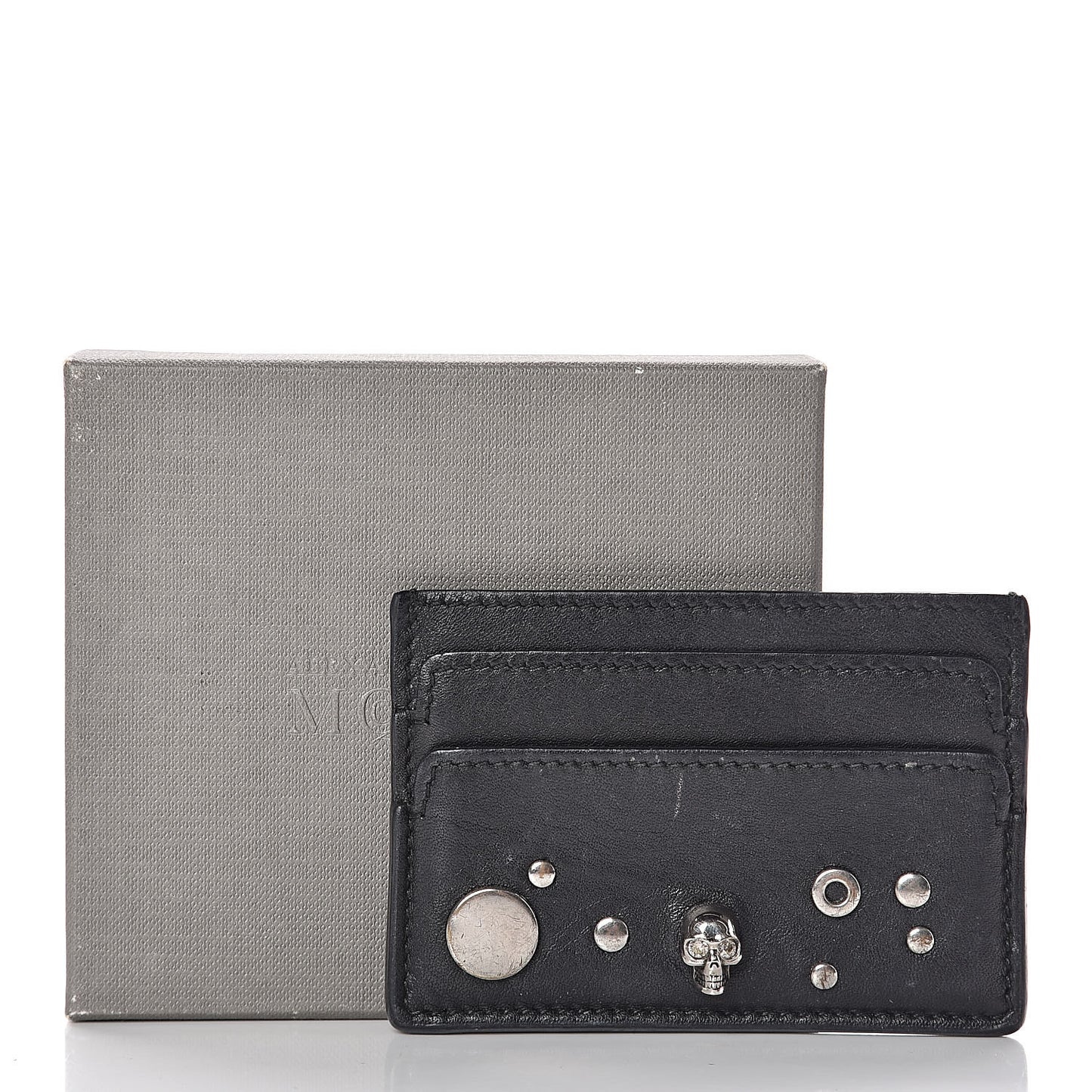 Calfskin Studded Skull Card Holder Black