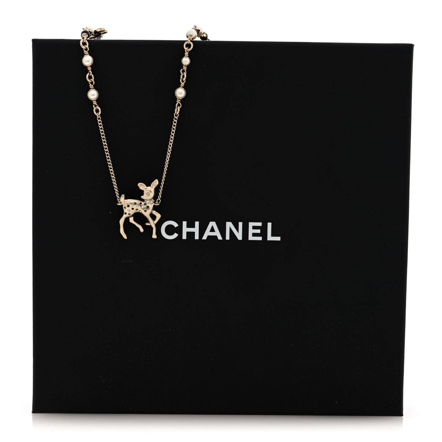 Pearl Crystal CC Deer Long Necklace Gold Green