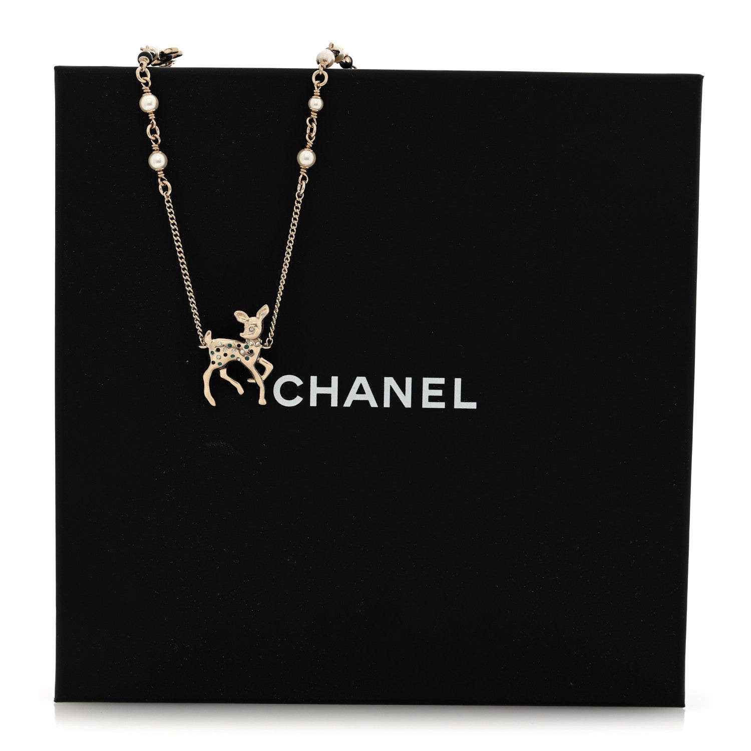 Chanel Pearl Crystal CC Deer Long Necklace Gold Green 5 of 5