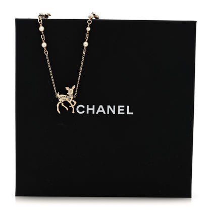 Chanel Pearl Crystal CC Deer Long Necklace Gold Green 5 of 5
