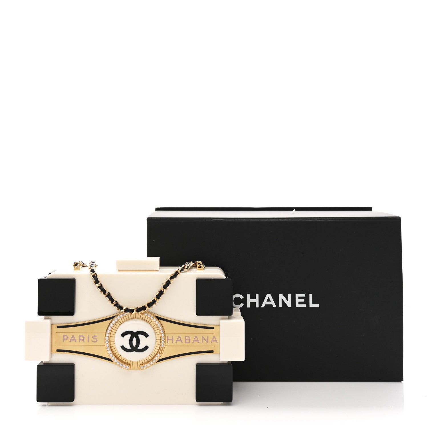 Chanel Plexiglass Boy Brick Havana by Night Clutch White Black