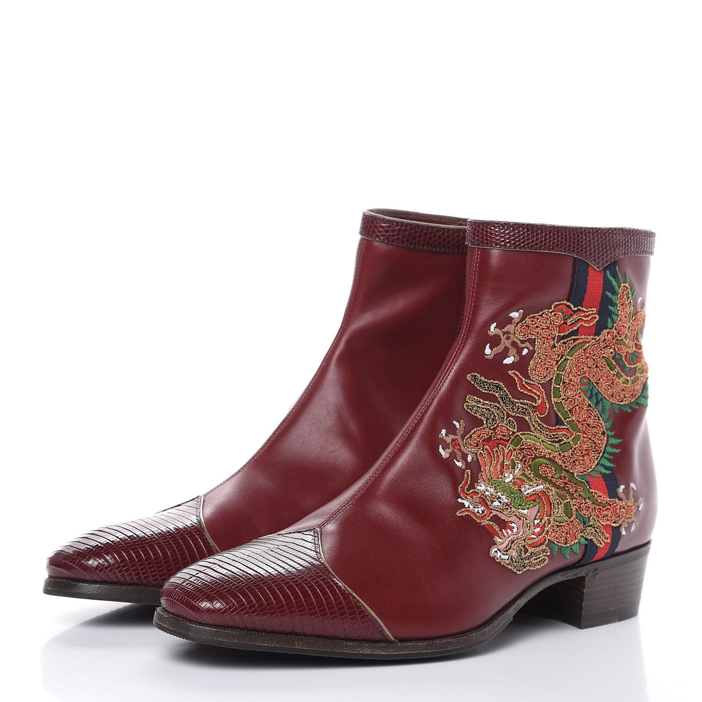 Calfskin Malaga Kid Lizard Web Dragon Embroidered Ankle Boots 38.5 Burgundy