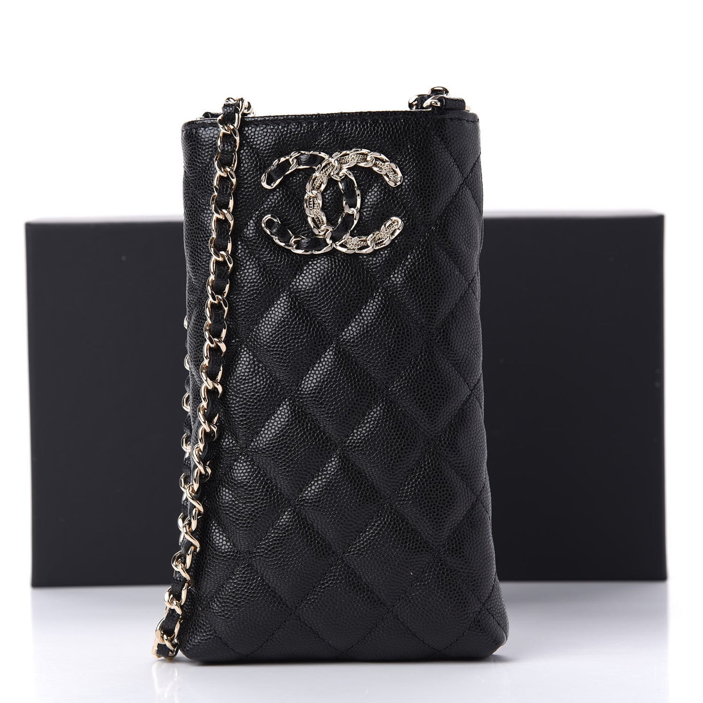 Caviar Quilted French New Wave Phone Holder With Chain Black