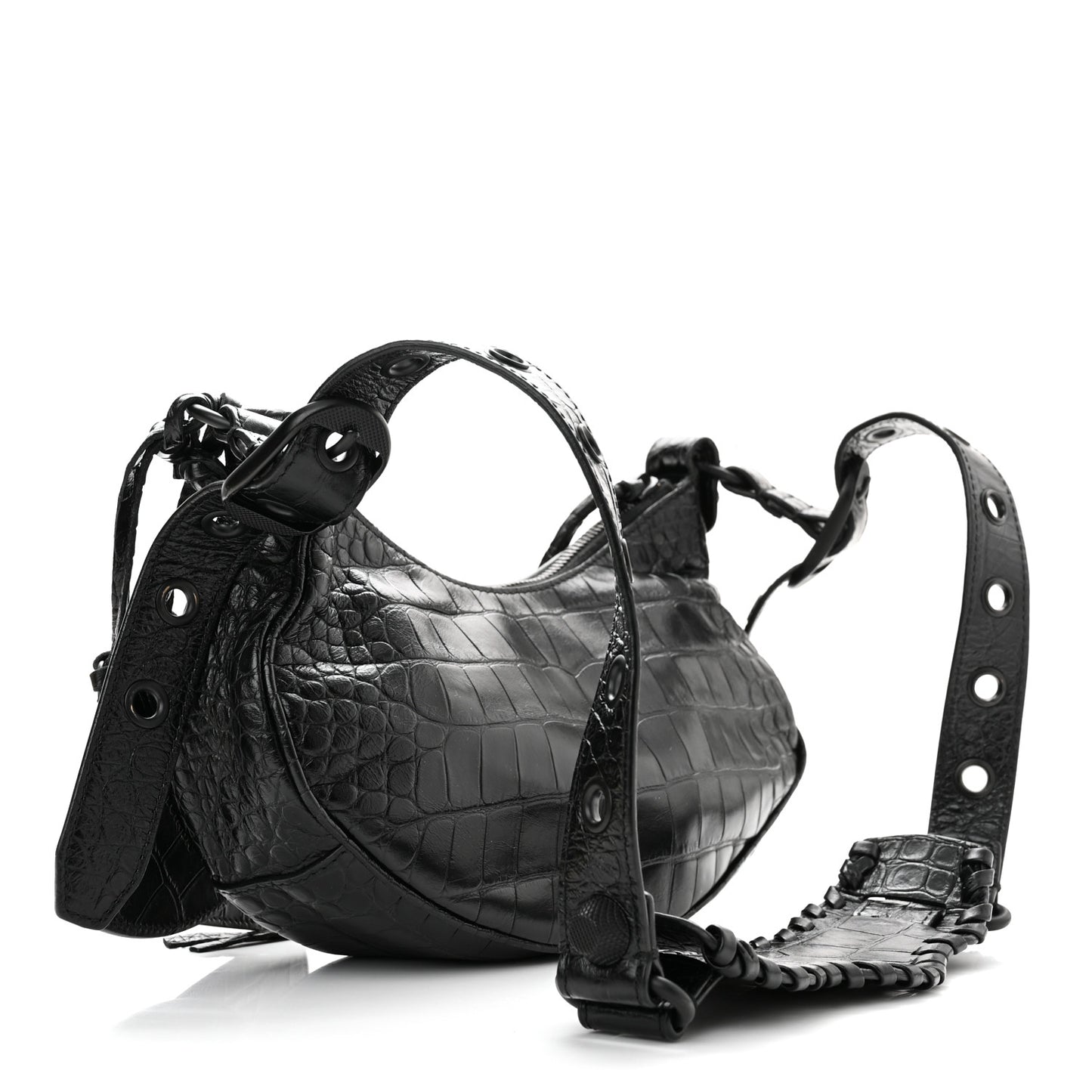 Extra Supple Calfskin Crocodile Embossed Monochrome Le Cagole Shoulder Bag XS Black