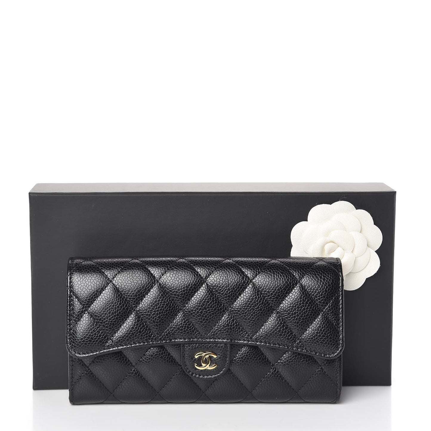 Caviar Quilted Large Gusset Flap Wallet Black