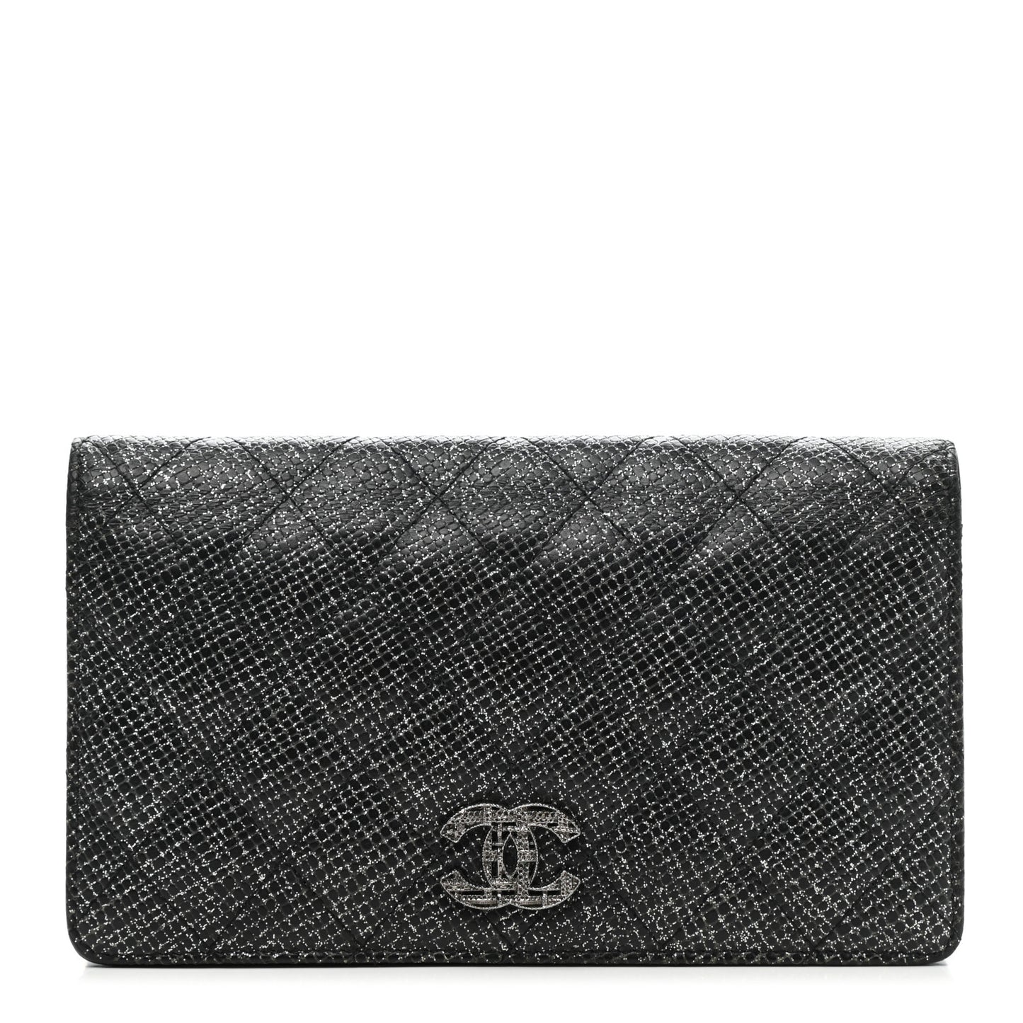Glittered Calfskin Quilted Yen Wallet Black