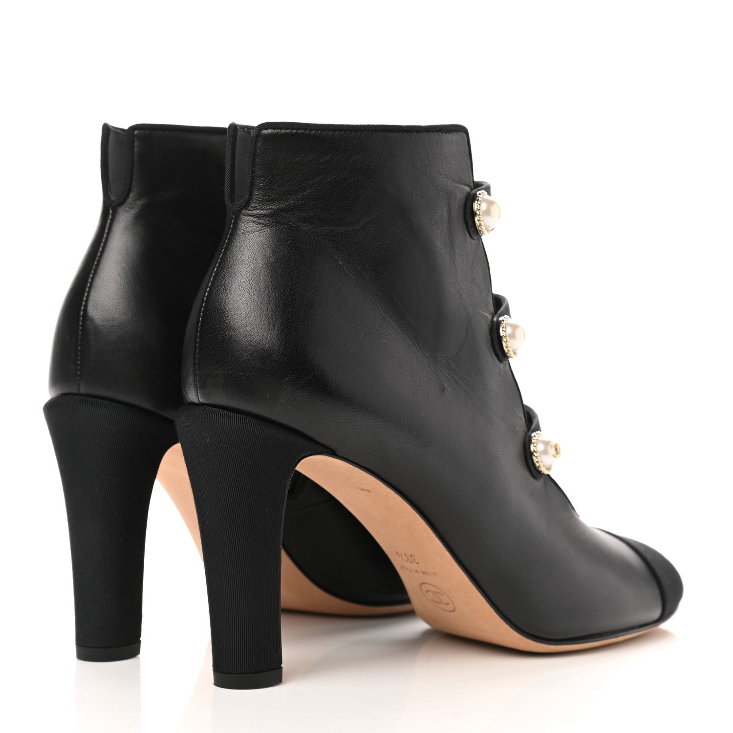 Chanel Lambskin Grosgrain Cap Toe Pearl Ankle Boots 39.5 Black 4 of 10